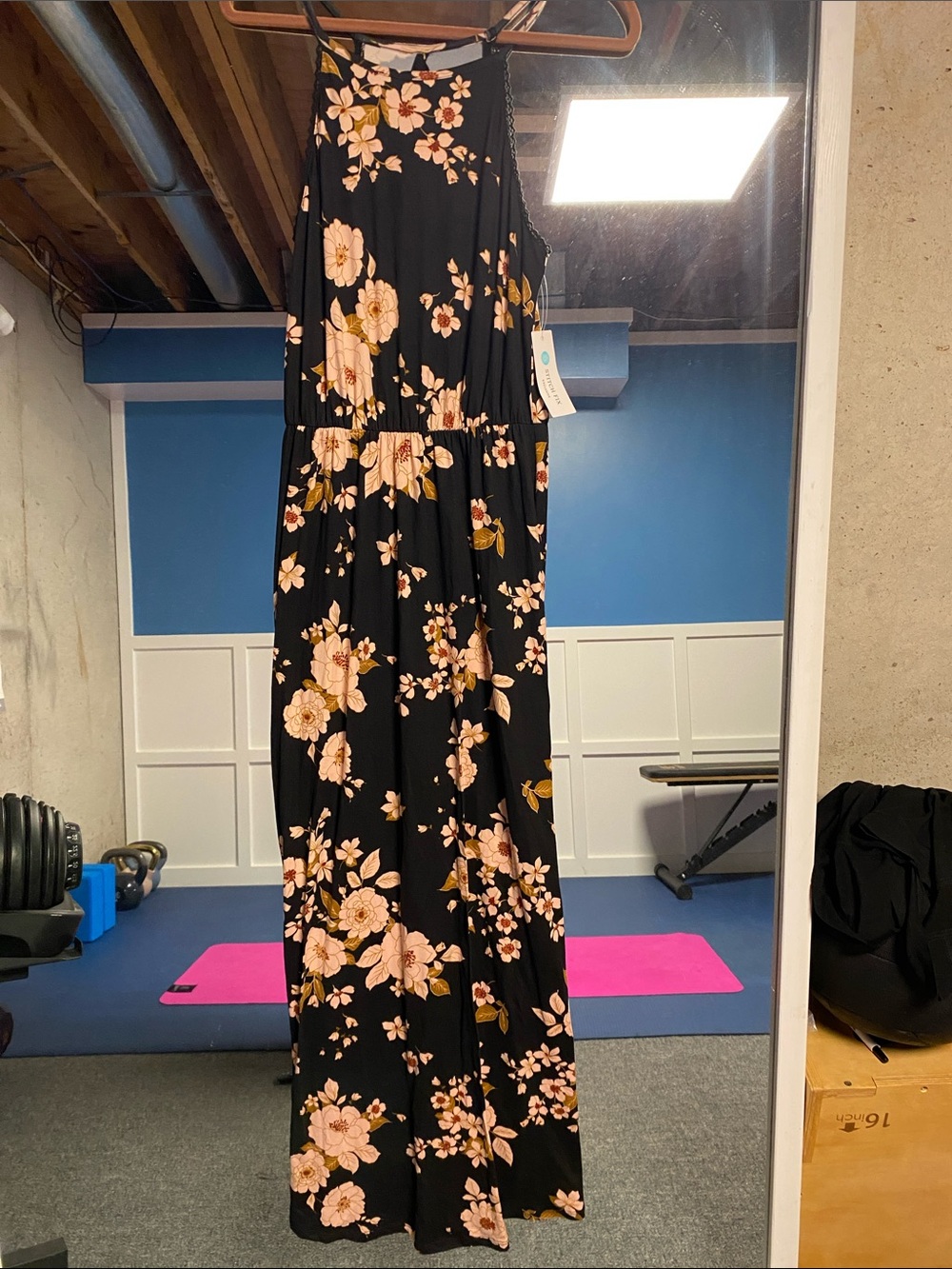 French Grey Black Maxi Dress with Pink Floral Print